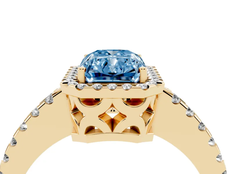 Radiant Cut Pave Halo Engagement Ring Setting for a Fancy Blue Lab-Grown Diamond | Yellow Gold