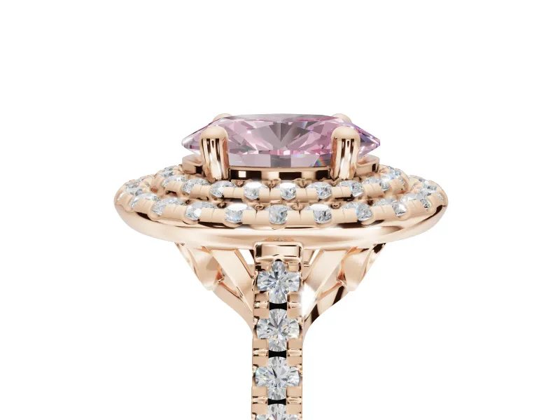 Fancy Pink Oval Lab-Grown Diamond Double Halo Statement Ring Set in Rose Gold with Pavé Band