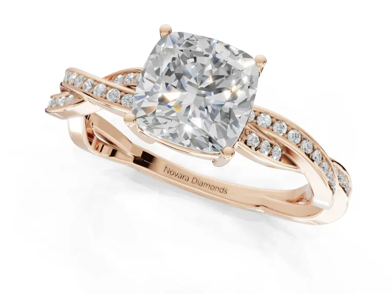 Cushion Cut Twisted Pavé Solitaire Engagement Ring Setting | Open Basket | Rose Gold