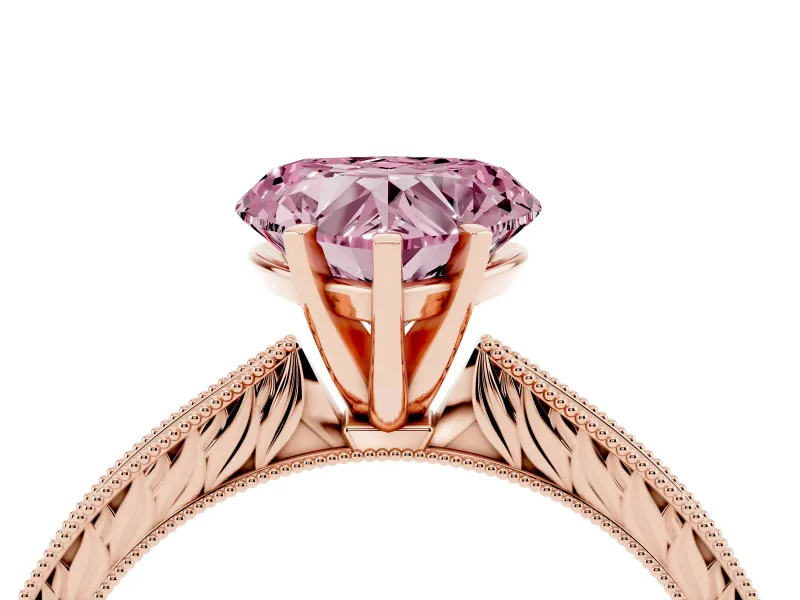 Fancy Pink Heart Cut Diamond Solitaire Milgrain Engraved Band Set in Rose gold with Prong Setting