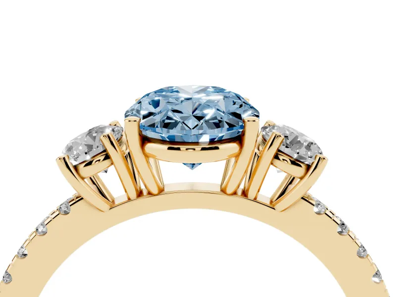 Oval Three Stone Engagement Ring Setting for a Fancy Blue Lab-Grown Diamond | Pave Shoulders | Yellow Gold
