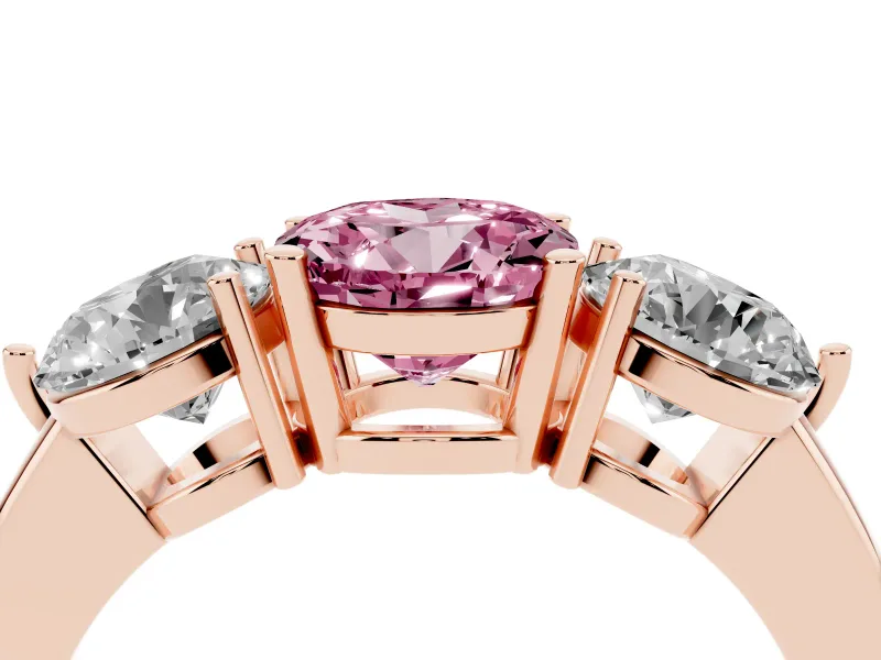 Round Three Stone Engagement Ring Setting for a Fancy Pink Lab-Grown Diamond | Large Round Side Stones | Rose Gold