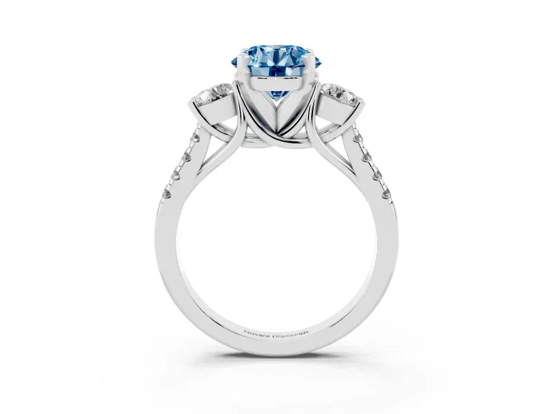 Fancy Blue Three-Stone Round Cut Diamond Pavé Band Ring Set in Silver with Prong-Set Trio