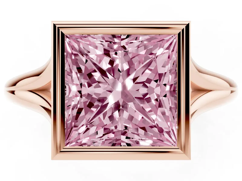 Fancy Pink Bezel Set Princess Cut Diamond Solitaire Ring Set in Rose gold with Tapered Band