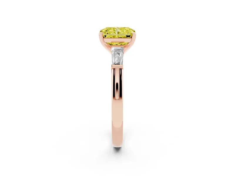 Radiant Cut Three Stone Engagement Ring Setting for a Fancy Yellow Lab-Grown Diamond | Tapered Baguettes | Rose Gold