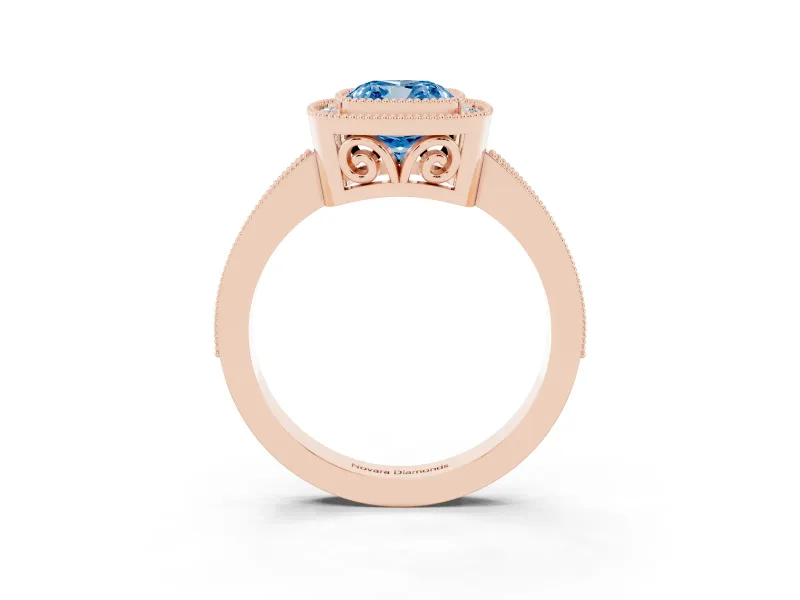 Fancy Blue Cushion Cut Diamond Halo Ring Set in Rose gold with Pavé Band and Milgrain-Edged Prongs