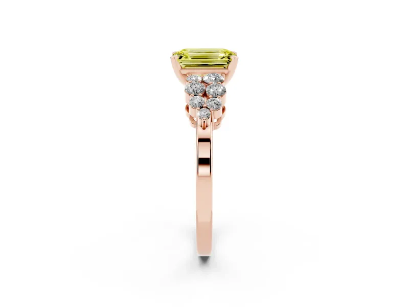 Fancy Yellow Emerald Cut Diamond Cluster Engagement Ring Set in Rose gold with Pavé Band and Prong Setting