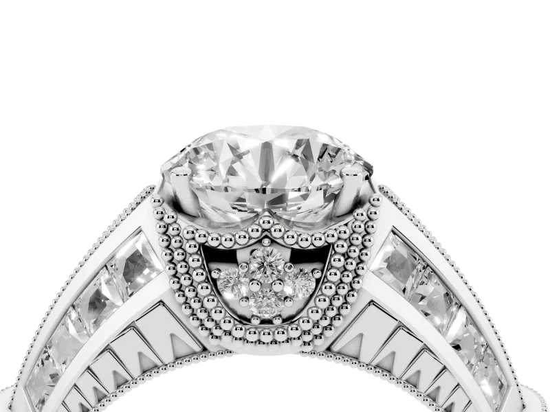 Round Cut Diamond Vintage-Inspired Milgrain Ring Set in White gold with Accent Split Shank