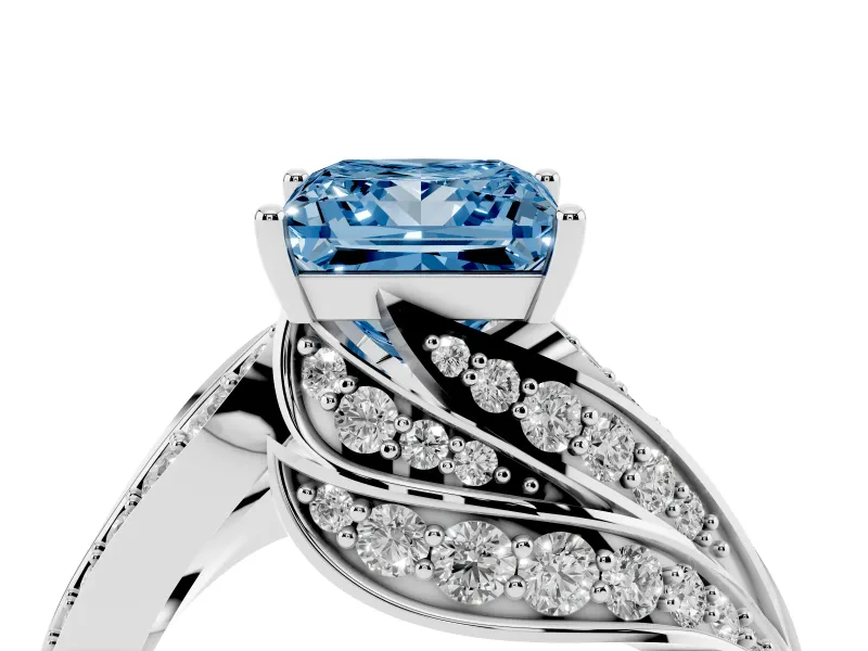 Fancy Blue Princess Cut Diamond Solitaire Ring Set in Platinum with Layered Twist Pavé Band