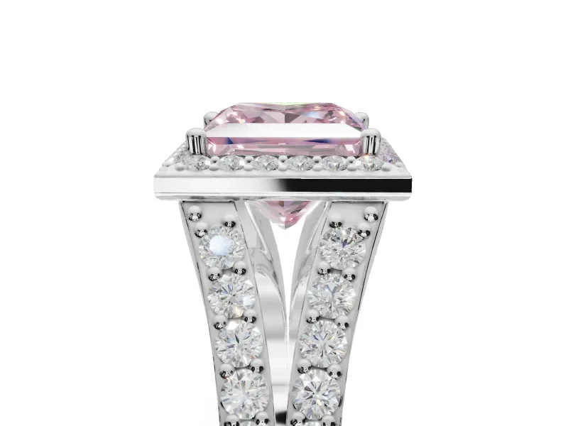 Princess Cut Halo Pavé Engagement Ring Setting for a Fancy Pink Lab-Grown Diamond | Narrow Split Shank | White Gold