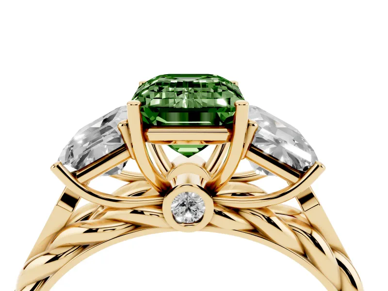 Fancy Green Emerald Cut Diamond Three-Stone Ring Set in Yellow gold with Braided Band