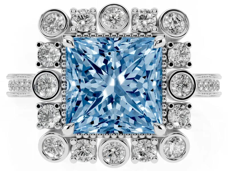 Princess Cut Scalloped Halo Engagement Ring Setting for a Fancy Blue Lab-Grown Diamond | Milgrain Edges | White Gold