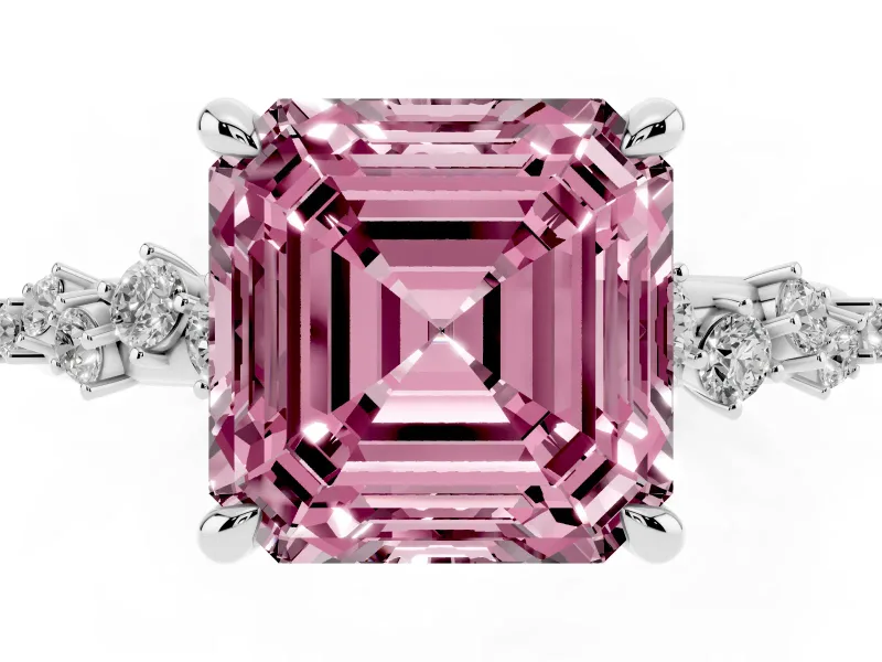 Fancy Pink Asscher Cut Diamond Solitaire Vine Band Ring Set in Platinum with Round Accents and Prong Setting