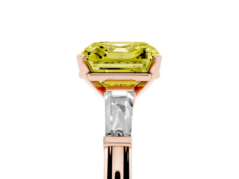 Asscher Cut Three Stone Engagement Ring Setting for a Fancy Yellow Lab-Grown Diamond | Tapered Baguettes | Rose Gold