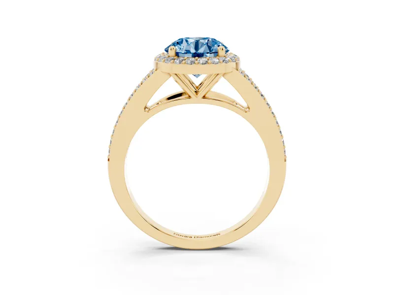 Round Halo Engagement Ring Setting for a Fancy Blue Lab-Grown Diamond | Pave Split Shank | Yellow Gold