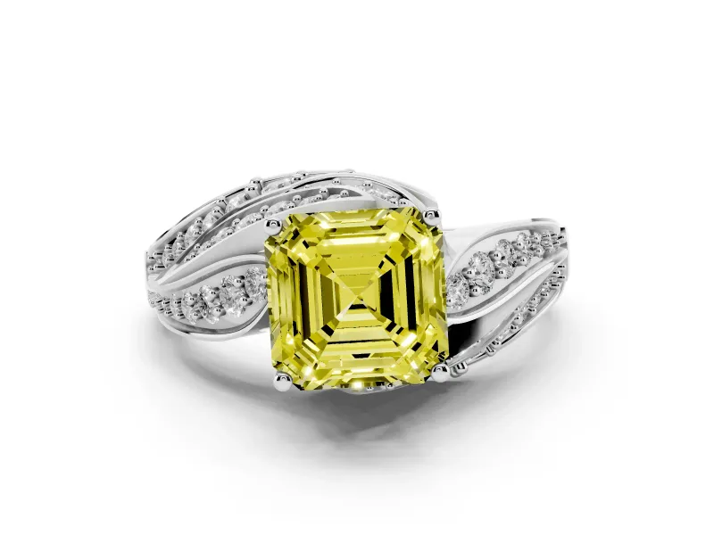 Fancy Yellow Asscher Cut Diamond Solitaire Ring Set in Platinum with Layered Twist Pavé Band