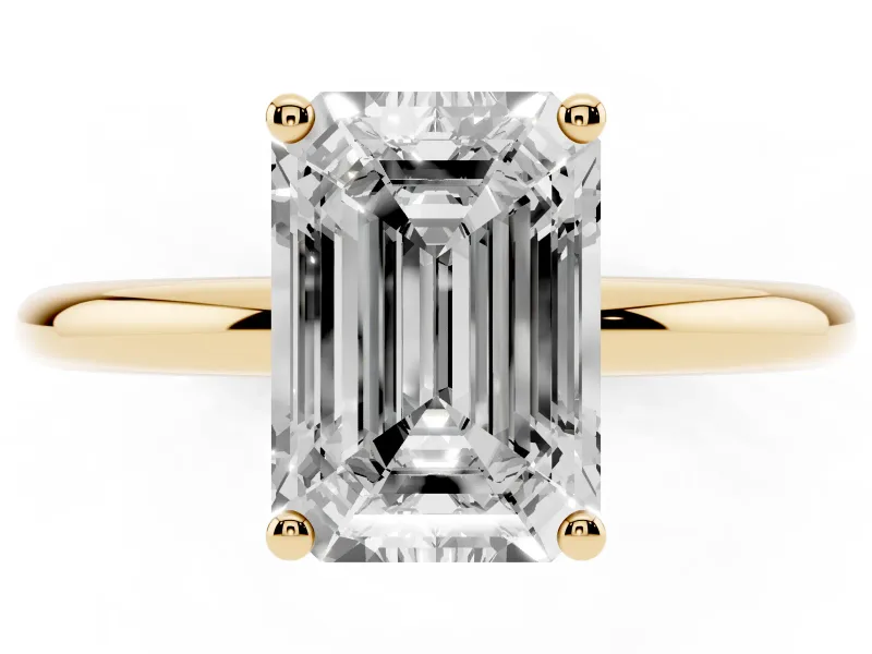 Emerald Cut Diamond Solitaire Engagement Ring Set in Yellow gold with Prong Setting and Polished Band