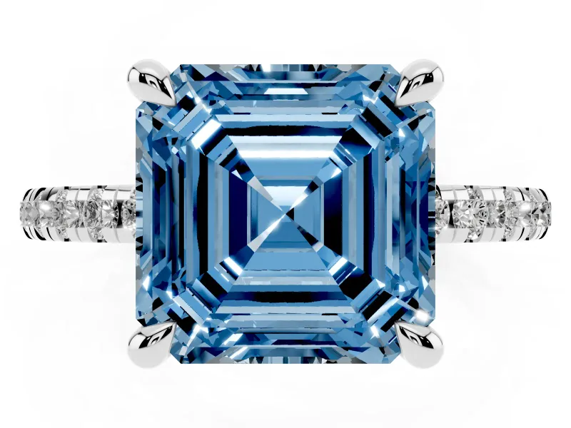 Fancy Blue Asscher Cut Diamond Brilliant Solitaire Ring Set in Platinum with Pavé Band and Prong Setting