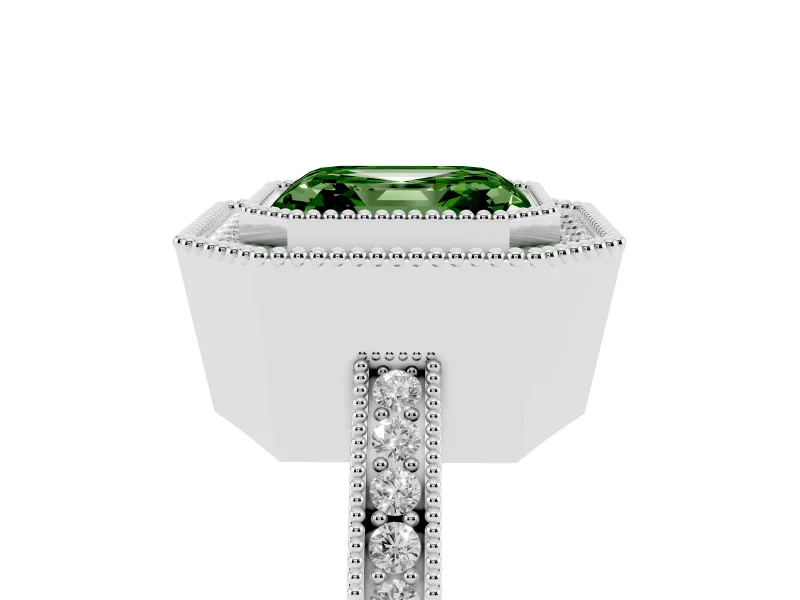 Fancy Green Asscher Cut Diamond Halo Ring Set in Platinum with Pavé Band and Milgrain-Edged Prongs