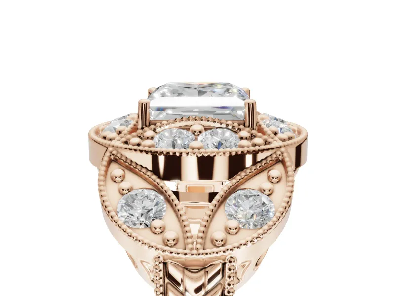 Princess Cut Vintage Floral Halo Engagement Ring Setting | Engraved Milgrain Band | Rose Gold