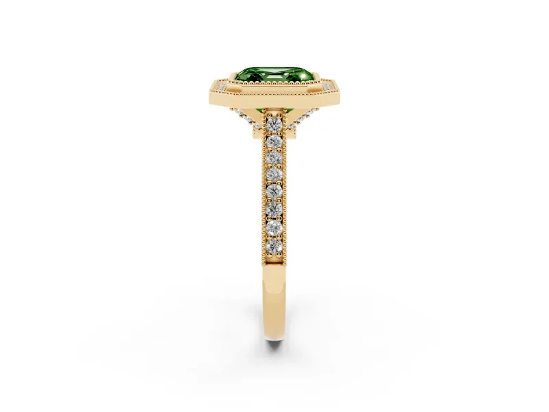 Asscher Cut Vintage Milgrain Halo Engagement Ring Setting for a Fancy Green Lab-Grown Diamond | Bezel Head | Yellow Gold