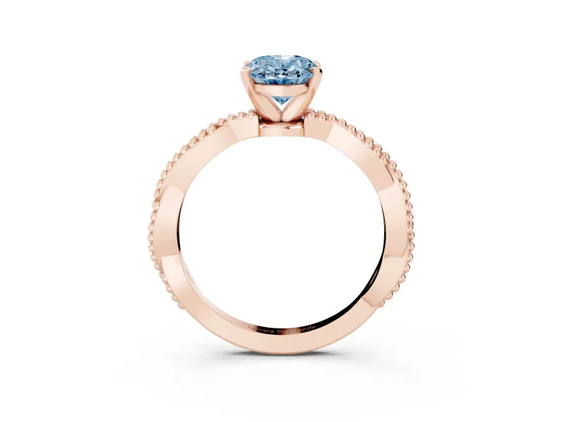 Fancy Blue Oval Cut Diamond Solitaire Ring Set in Rose gold with Twisted Band and Bead Prong Setting