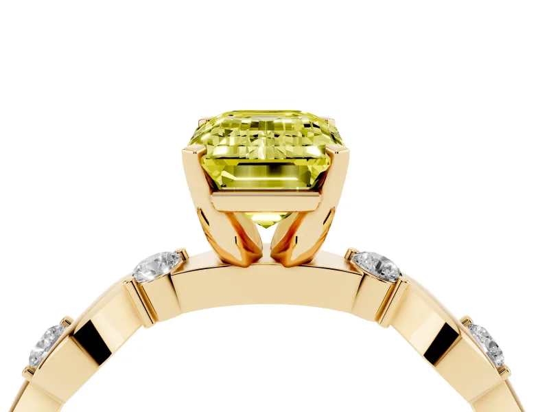 Fancy Yellow Emerald Cut Diamond Solitaire Ring Set in Yellow gold with Ribbon Twist Band, Round Accents and Prong Setting