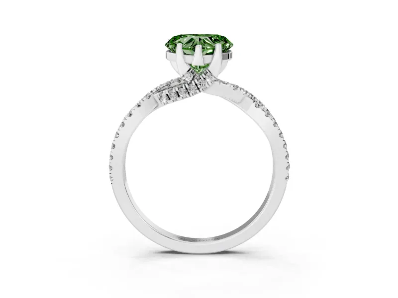Fancy Green Heart Cut Diamond Twist Pavé Solitaire Engagement Ring Set in Platinum with Prong Setting