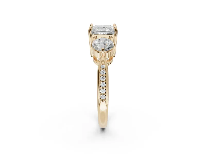 Princess Cut Three Stone Engagement Ring Setting | Tapered Pave Band | Yellow Gold