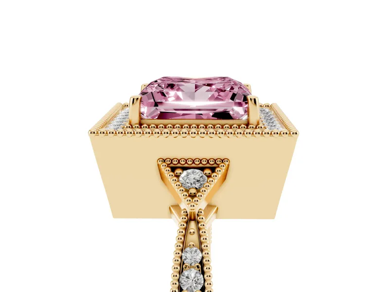 Fancy Pink Princess Cut Diamond Halo Engagement Ring Set in Yellow gold with Milgrain Pavé Band