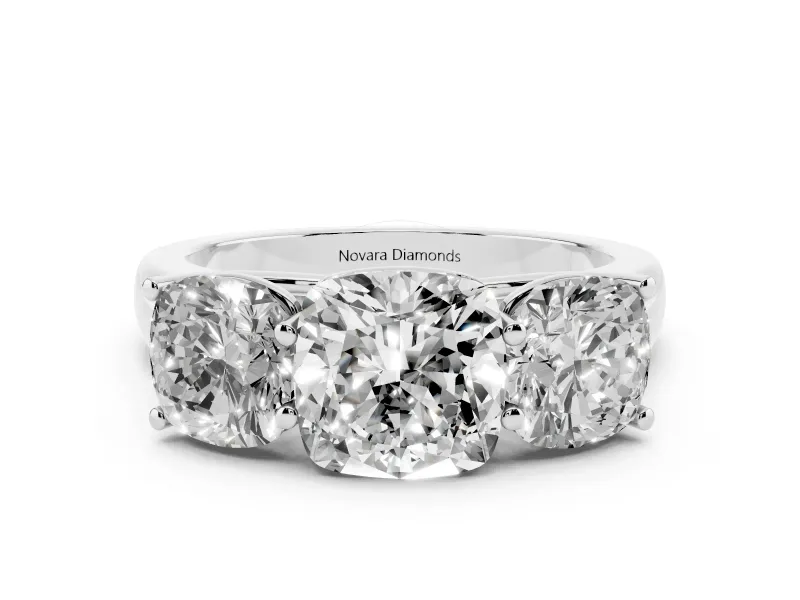 Cushion Cut Diamond Three-Stone Ring Set in Silver with Plain Polished Band