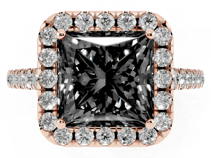Princess Cut Halo Engagement Ring Setting for a Black Center | Pavé Shoulders | Rose Gold