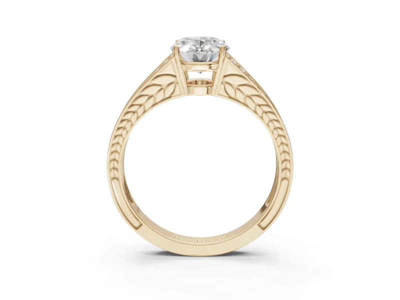 Oval Split Shank Pavé Engagement Ring Setting | Engraved Leaf Sides | Yellow Gold