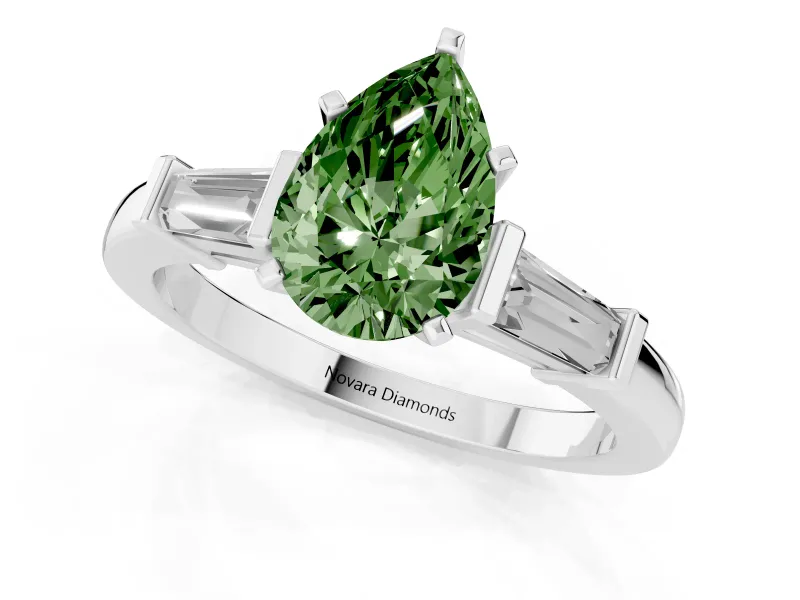 Fancy Green Pear Cut Diamond Solitaire Ring Set in Platinum with Tapered Baguette Accents and Prong Setting