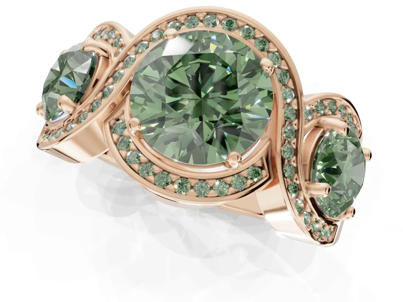 Round Three Stone Halo Engagement Ring Setting for a Fancy Green Lab-Grown Diamond | Pavé Wave Band | Rose Gold
