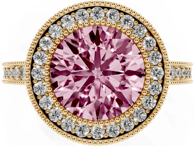 Fancy Pink Round Cut Diamond Halo Engagement Ring Set in Yellow gold with Pavé Band and Round Halo Stones