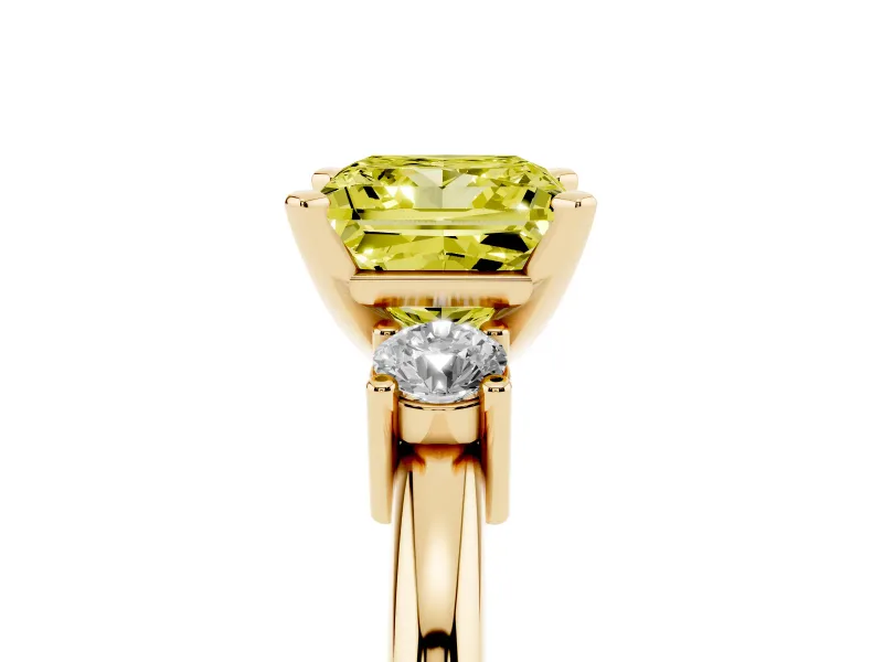 Fancy Yellow Three-Stone Princess Cut Diamond Ring Set in Yellow gold with Prong Setting and Plain Band