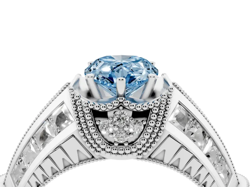 Fancy Blue Pear Cut Diamond Vintage-Inspired Milgrain Ring Set in Platinum with Accent Split Shank