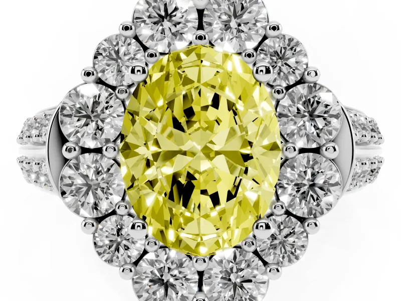 Fancy Yellow Oval Cut Diamond Halo Engagement Ring Set in Platinum with Split Shank and Prong Setting