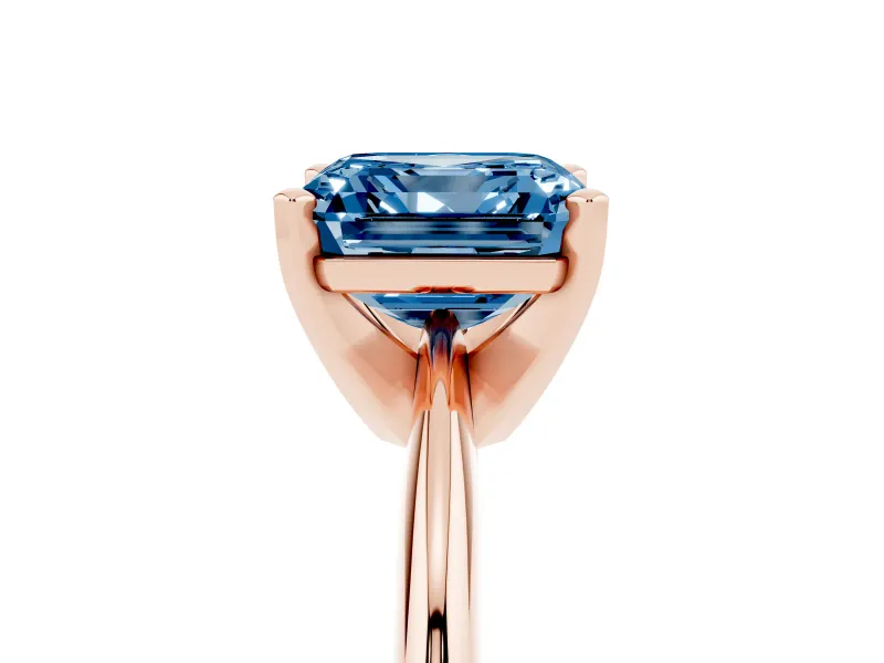 Fancy Blue Asscher Cut Diamond Solitaire Ring Set in Rose gold with Prong Setting on a Plain Round Band