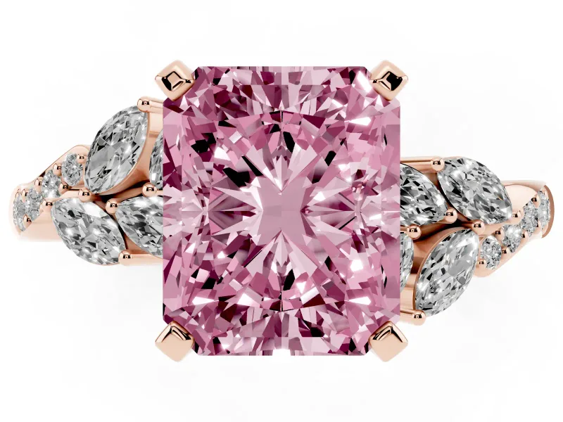 Fancy Pink Radiant Cut Diamond Solitaire Ring Set in Rose gold with Marquise Twist Band and Prong Setting