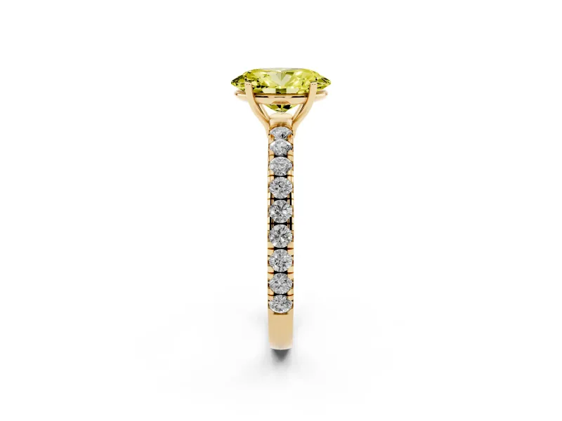 Oval Pave Solitaire Engagement Ring Setting for a Fancy Yellow Lab-Grown Diamond | Shared Prong Band | Yellow Gold