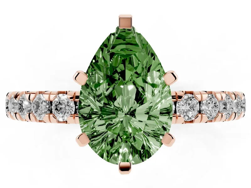Fancy Green Pear Cut Diamond Pavé Solitaire Ring Set in Rose gold with Round Band and Prong Setting
