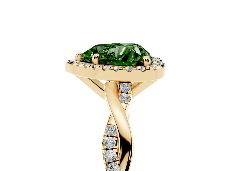 Fancy Green Heart Cut Diamond Halo Twisted Band Ring Set in Yellow gold with Prong Setting