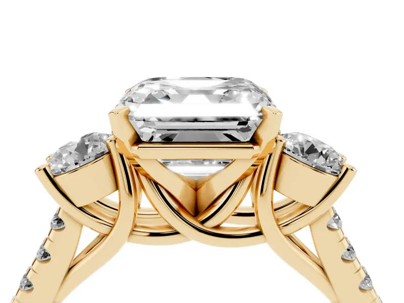Three-Stone Asscher Cut Diamond Pavé Band Ring Set in Yellow gold with Prong-Set Trio