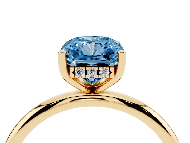 Radiant Cut Hidden Halo Engagement Ring Setting for a Fancy Blue Lab-Grown Diamond | Plain Band | Yellow Gold