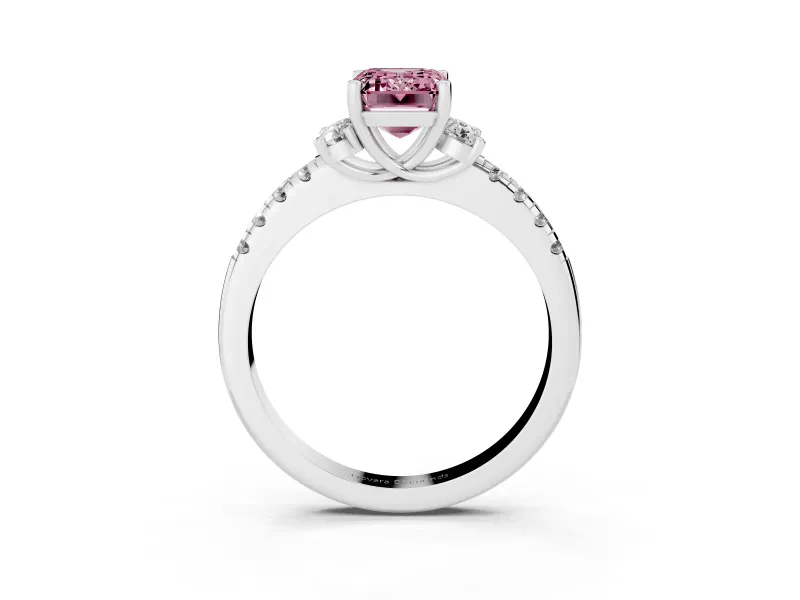 Emerald Cut Side Stone Engagement Ring Setting for a Fancy Pink Lab-Grown Diamond | Pave Band | Sterling Silver