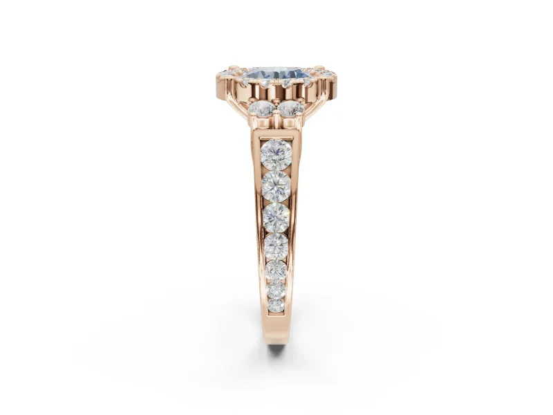 Round Halo Engagement Ring Setting for a Fancy Blue Lab-Grown Diamond | Side Clusters | Rose Gold