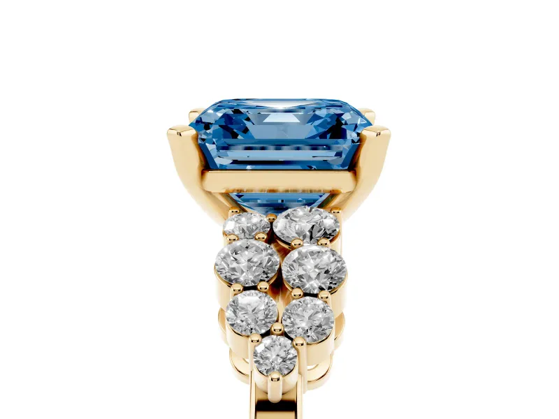 Fancy Blue Asscher Cut Diamond Cluster Engagement Ring Set in Yellow gold with Pavé Band and Prong Setting
