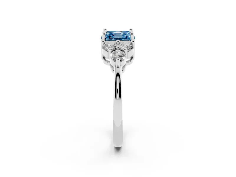 Fancy Blue Asscher Cut Diamond Solitaire Ring Set in Platinum with Cluster Accents on Each Side